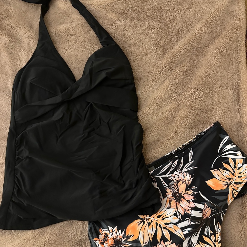 Black Halter Tankini with Floral Bottoms